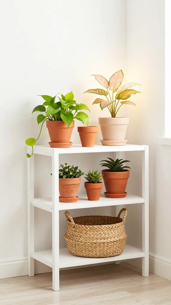 A bright, airy shot of a corner shelf with a seasonal color story: terracotta pots, bright green pothos, and a pale pink calathea in a soft ceramic planter. A whitewashed wood shelf, a woven basket on the lower shelf, and a light wood floor. Sunlight creates a warm halo around the plants, while clean lines and ample spacing convey a curated rhythm.