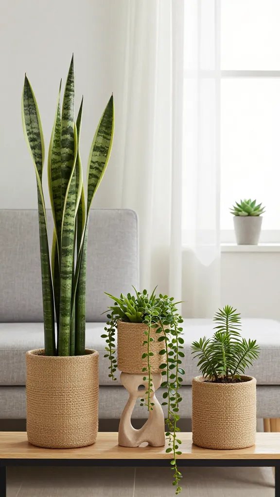 A lifestyle-styled scene featuring a plant shelf with a minimal, curated rhythm: a tall sansevieria on one end, two mid-height planters with trailing vines in woven textures, and a single sculptural objet d’art among the pots. Include a light gray sofa in the background, a sheer curtain softly diffusing daylight, and a small potted succulent display on the window sill to echo balance and calm.