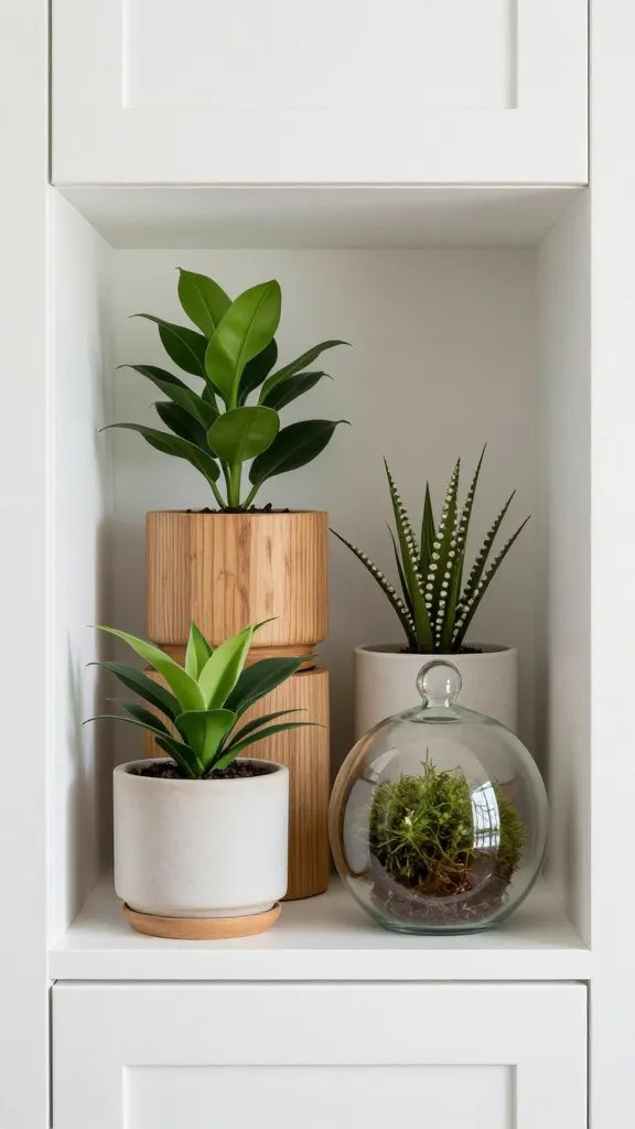An ultra-detailed studio shot of a shelf inset built into white cabinetry. Pots range from matte ceramic to glossy glass terrariums, housing a ZZ plant, a string of pearls, and a small moss ball. Emphasize texture variety, with wood grain, ceramic matte finishes, and glass reflections. Lighting is clean and even, with a faint vignette to emphasize a boutique, curated feel.