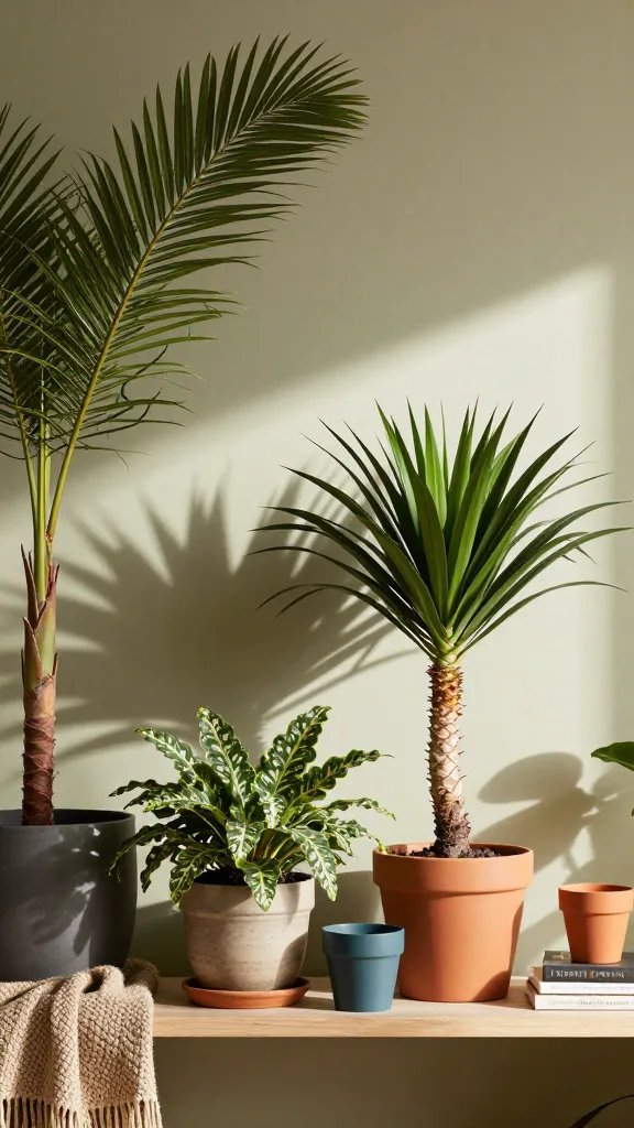 A dramatic, low-angle image of a shelf with oversized plants: a tall palm frond on one end, a sculptural dracaena in a textured pot, and several compact, colored pots nestled together. The backdrop is a pale olive wall; sunlight pours in from the right, casting long, soft shadows and highlighting the plant textures. Include a woven throw and a small stack of coffee-table books to anchor the scene.