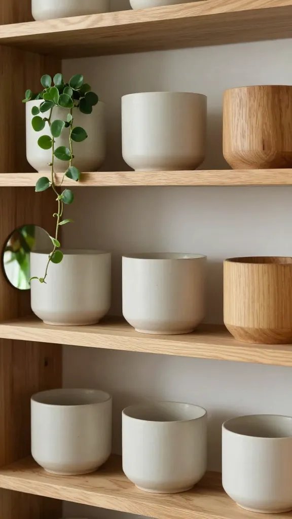 A detail-oriented shot focusing on a single shelf with deliberate rhythm: spacing between pots, two textures (matte ceramic and natural wood) and a single trailing plant cascading slightly over the edge. The color palette centers sage, cream, and warm wood tones. Include a hint of greenery reflected in a nearby mirror to imply depth and a calm, intentional arrangement. No people in frame; the scene feels serene and meticulously styled.
