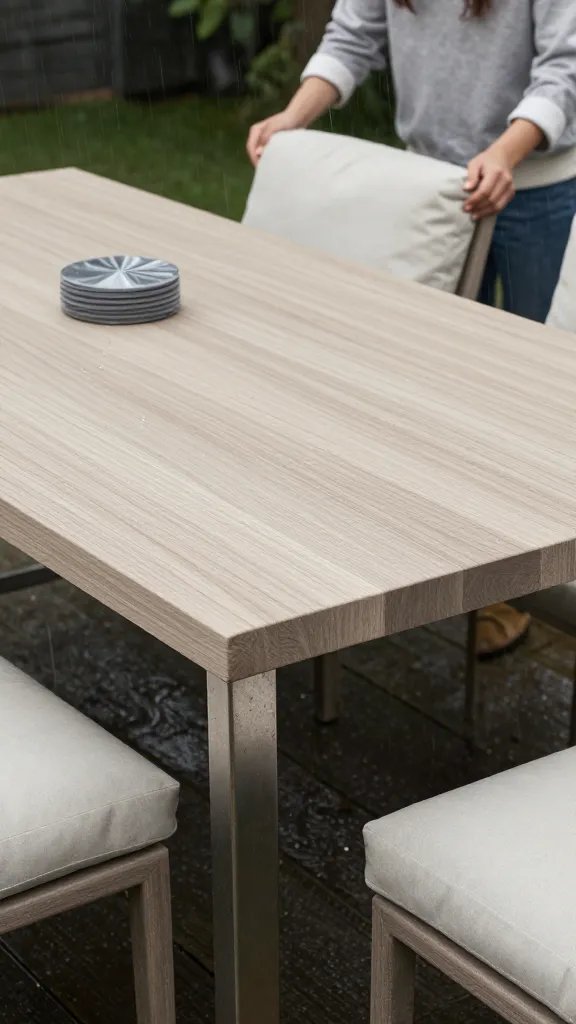 A weather-resistance-focused composition: a teak dining table with a neutral, fade-resistant finish, supported by rust-proof aluminum legs. The scene is outdoors during a light drizzle with visible droplets beading on the tabletop. Cushions remain plump and dry-looking due to quick-dry fabric. A small stack of protective covers sits nearby, while a partially visible woman in a casual outfit adjusts a cushion, her presence minimal and out of focus.