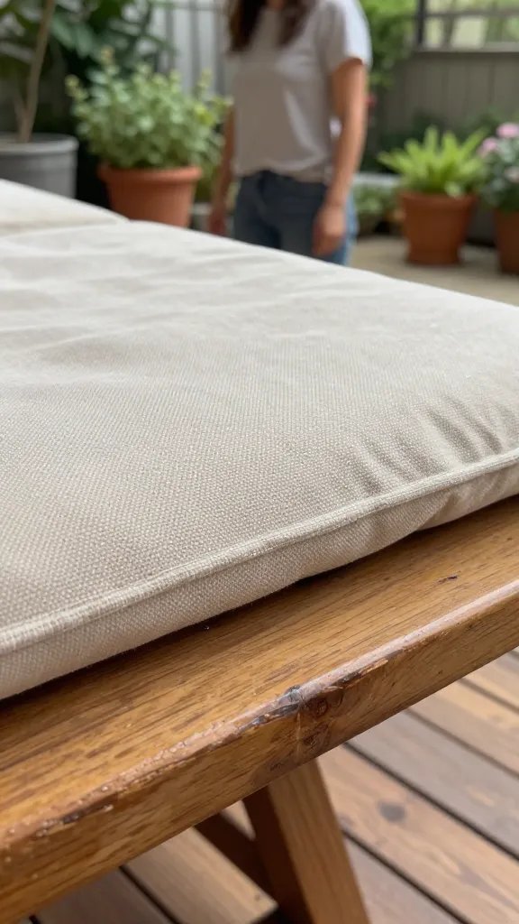 A “protect and extend the life” macro and lifestyle shot: close-up macro of anti-stain fabric weave on banquet-style cushions, with a moisture-repellent coating visible as tiny beads on the surface. The table—teak with oil-finished glow—shows subtle wear patterns along the edge. The setting is a sunlit patio with potted herbs and a wooden deck. In the background, a 30-year-old woman stands partially cropped near the planters, giving a sense of daily care without dominating the frame.