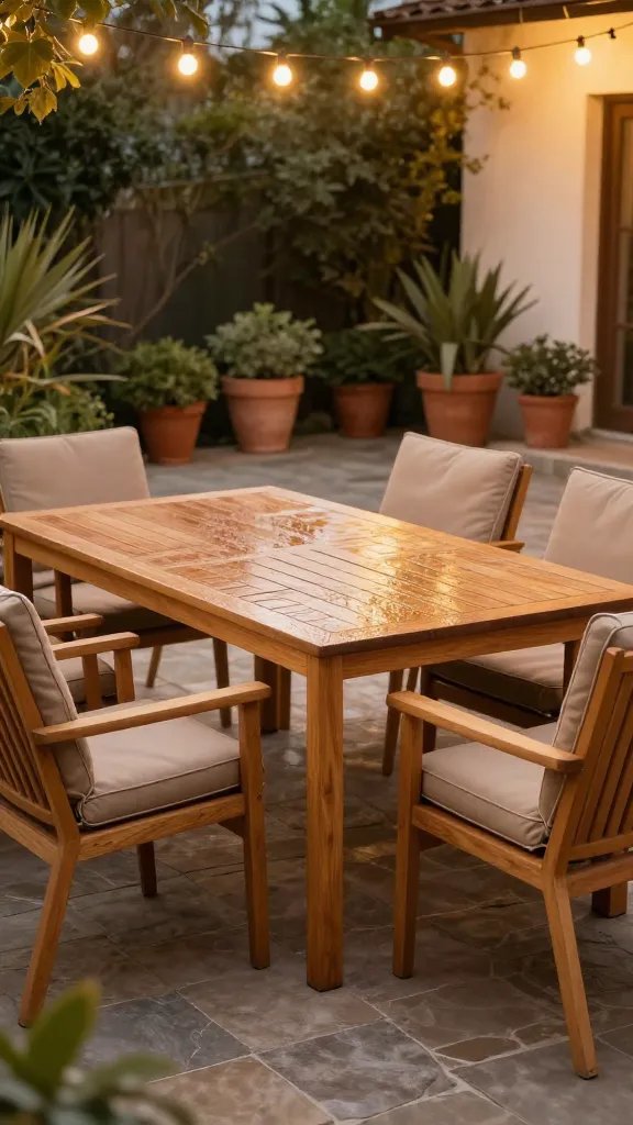 A golden-hour patio scene featuring a teak outdoor dining set with a rectangular table and six cushioned chairs. The table gleams from a light rain sheen, cushions in warm taupe with subtle piping. Surrounding plants in terracotta pots line the edge of a stone deck, while a string of warm white bulbs overhead casts a soft glow. A light breeze moves a sheer tablecloth fluttering at one end, and a partially cropped, relaxed 30-year-old woman with back turned stands in the background, smiling as she drinks from a glass, ensuring she is not the main focus.