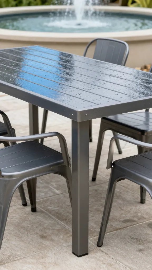 An all-metal aluminum dining set scene on a modern patio, emphasizing weather resistance: a slatted table with deep gray powder coating and matching chairs with ergonomic backs. The backdrop shows a rain-sprinkled coating on the tabletop that still reflects sky blue hues. A distant fountain adds a tranquil soundtrack. The right foreground features a close-up of chair arm with gentle contouring and cup holder integrated into the table, while a subtle, partially cropped-of-body woman sits off to the side holding a napkin, not the focal point.