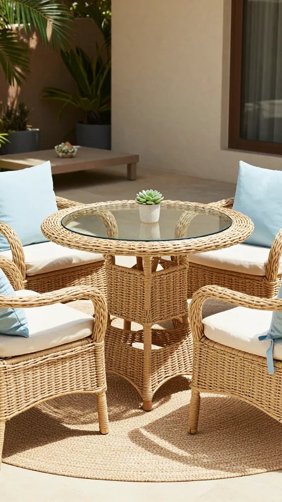 A sun-drenched wicker dining set in a coastal-inspired veranda, featuring a round wicker table with glass insert and four curved-back chairs. The weave is tight and uniform, with cushions in light cream and seafoam accents tied with fabric ties. The scene includes a low coffee table with a potted succulent and a woven rug beneath. A breeze lifts a lightweight throw at one chair, and a 30-year-old woman stands in the background, cropped at mid-shem where her hands adjust a plant, her presence adding life without stealing focus.