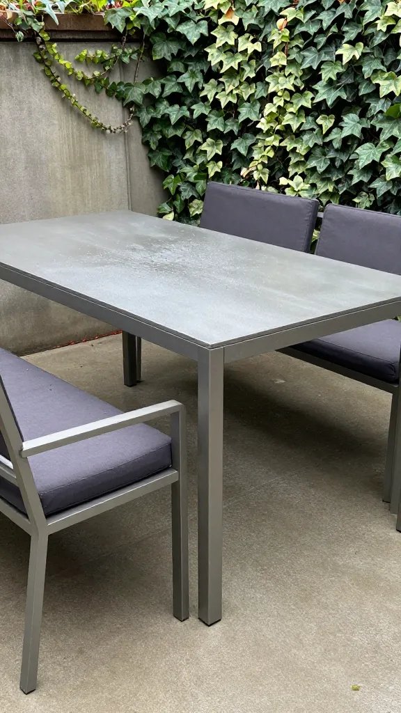 A steel frame dining set on a shaded patio corner, combining sleek steel table edges with a rust-resistant matte finish. The bench-style seating pairs with a long rectangular table, accented by weatherproof cushions in charcoal. A rain-friendly scene shows a subtle sheen on the tabletop and droplets clinging to the chair legs, while a nearby planter wall features variegated ivy. A close-up macro shot of the joint hardware highlights corrosion-resistant detailing; in the distance, a partially visible woman tends to a herb planter, out of focus to keep the set as the hero.