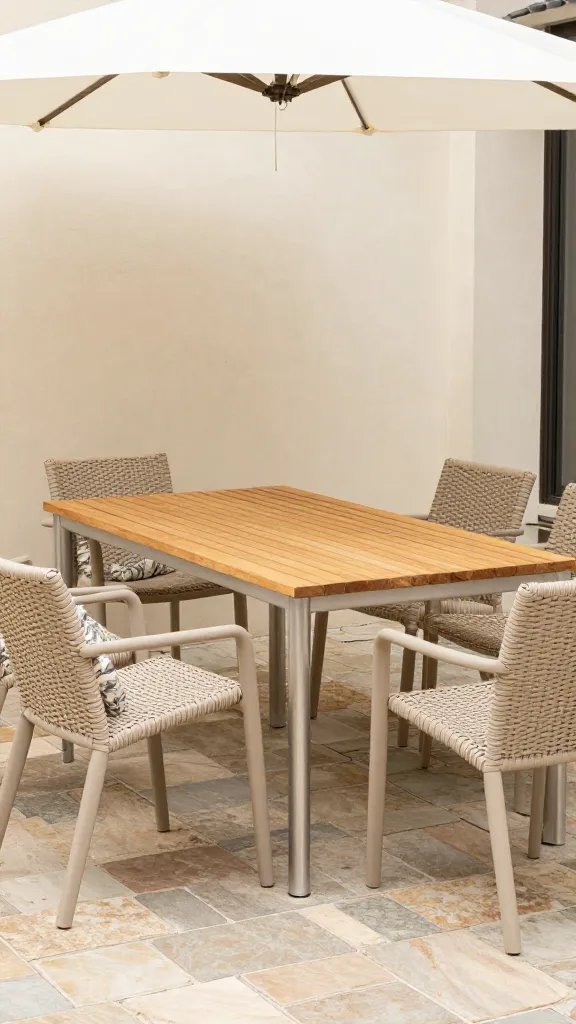 A budget-conscious mixed-material setup: teak slats for the table paired with aluminum legs, and PVC-coated wicker chairs, placed on a flagstone patio. The scene includes a portable umbrella casting a gentle shade, with a soft sand-and-cream color palette and a few patterned outdoor cushions. The right foreground shows a close-up of the teak grain and a protective cover folded neatly, while a lightly blurred 30-year-old woman adjusts a cushion from the corner to suggest everyday use.