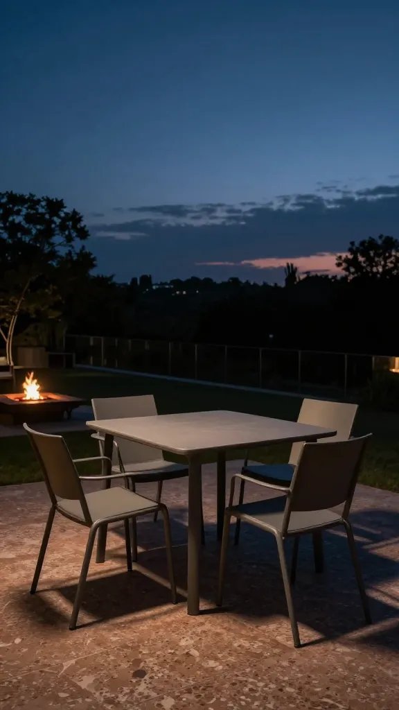 A dramatic twilight shot showcasing the right-size table for a compact patio: a small rectangular table seating four, surrounded by slender metal chairs with compact silhouettes. The scene is staged on a terrazzo deck with a backdrop of darkened sky and a nearby fire pit softly glowing. A light breeze lifts a napkin from the table, and a hand from a partially visible woman helps steady a candle holder, her body partially cropped to keep the table and chairs as the focal point.
