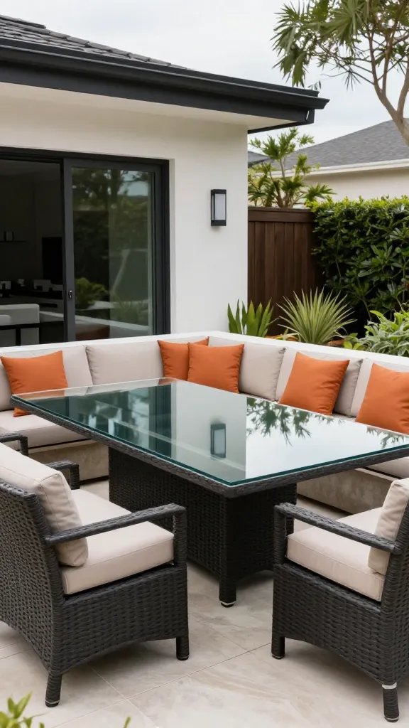 A “look good in photos vs real life” comparison composite: left panel shows a bright, glossy photo of a luxurious set with high-contrast cushions and pristine glass tabletop; right panel captures a real-life, weathered version with softened wood tones and sun-faded fabric. The setting is a mid-century modern patio with built-in seating and an extendable table. A woman’s silhouette in the far background is intentionally blurred and cropped, ensuring the set remains the star of both panels.