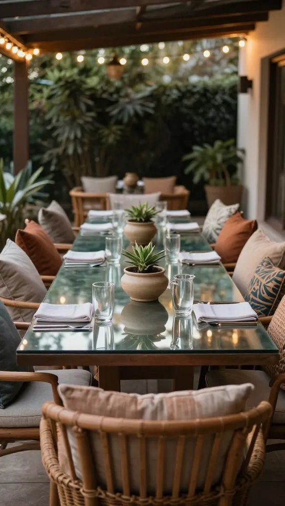 A photo-savvy hospitality scene: a long rectangular dining table set for eight with mixed-material chairs (teak and wicker) on a wrap-around veranda. A centerpiece of low-profile ceramic planters runs the table length, and the glass tabletop between allows reflections of string lights overhead. Cushions are in coordinating earthy tones with accent pillows. The photo should feel editorial, with a slight tilt to emphasize depth; a casually placed water pitcher and glasses suggest real use. A woman is present off to the side, blurred and cropped to keep attention on the arrangement and lighting.