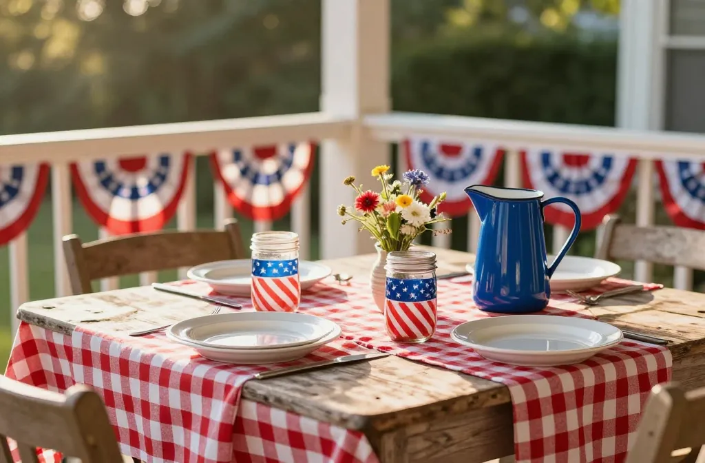 15 Vintage Americana Decor Ideas for 4th of July Celebrations 1. Use Vintage-Style Bunting on a Porch Railing, Mantel, or Entryway for an Instant Americana Look, 2. Layer a Gingham Tablecloth or Striped Runner with White Dishes and Mason Jars for a Simple Picnic Table Setting, 3. Drape a Red, White and Blue Quilt Over a Bench, Chair, or Picnic Table to Add Color and Texture, 4. Mix Red, White and Blue Enamelware Pitchers, Tin Trays, and Galvanized Containers with Summer Flowers or Faux Greenery for a Decorative Table Centerpiece, 5. Display Vintage Postcards, Patriotic Prints, or Old-Style Signage As Wall Art or Garlands, 6. Style a Coffee Table Vignette with a Doll-House Window Frame, Crate, Toy, or Other Repurposed Finds for a Collected Farmhouse Feel, 7.Use Blue Mason Jars, Candlelight, and Berry Branches or Strawberries for a Nostalgic Summer Centerpiece, 8. Put a Quilted Americana Throw Under a Tray Filled with Stars, Sparklers, and a Small Flag Display for a Festive Centerpiece, 9.Hang a Vintage Usa Flag From Amazon As Wall Art Over Entry Table So It Becomes the Focal Point, 10. Style Small American Flags on Stick in a Vase of Faux Flowers for a Patriotic Centerpiece, 11. a Vintage Red‑and‑White Kroger “Ground Black Pepper” Tin Repurposed As a Patriotic Arrangement, Filled with Red, Silver, and Blue Metallic Balls, Sparkly Tinsel, Bead Sprays, a Tiny American Flag, and a Small Cutout Figure Draped in a Flag, 12. Dining Room Buffet Vignette with a Patriotic Quilt, Small Flags in Milk Glass, and a Gingham Runner Underneath. 13. Hand Stich Linen Stars Onto Vintage Kitchen Dishcloths for Table Napkns, 14. Paint a Wooden Backyard Outdoor Picnic Table Red, White and Blue Paints 15. Layer Pillows with American Flag Designs on an Outdoor Wicker Chaise Lounge with Blue Cushions