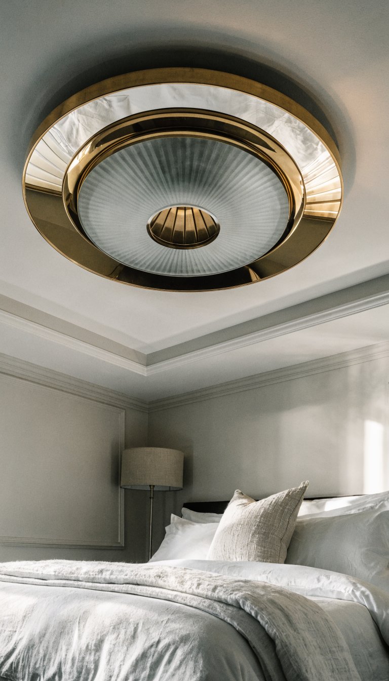 A close-up of a flush mount fixture that’s both stylish and functional: a shallow, circular brass fixture with frosted glass, mounted on a white ceiling with a subtle tray feature. Below, a bed with crisp white linens and layered textiles, a tall floor lamp with a soft fabric shade tucked into a corner, and a bright, reflective surface like a mirrored dresser to bounce light. Composition emphasizes geometry and reflection to create the illusion of height.