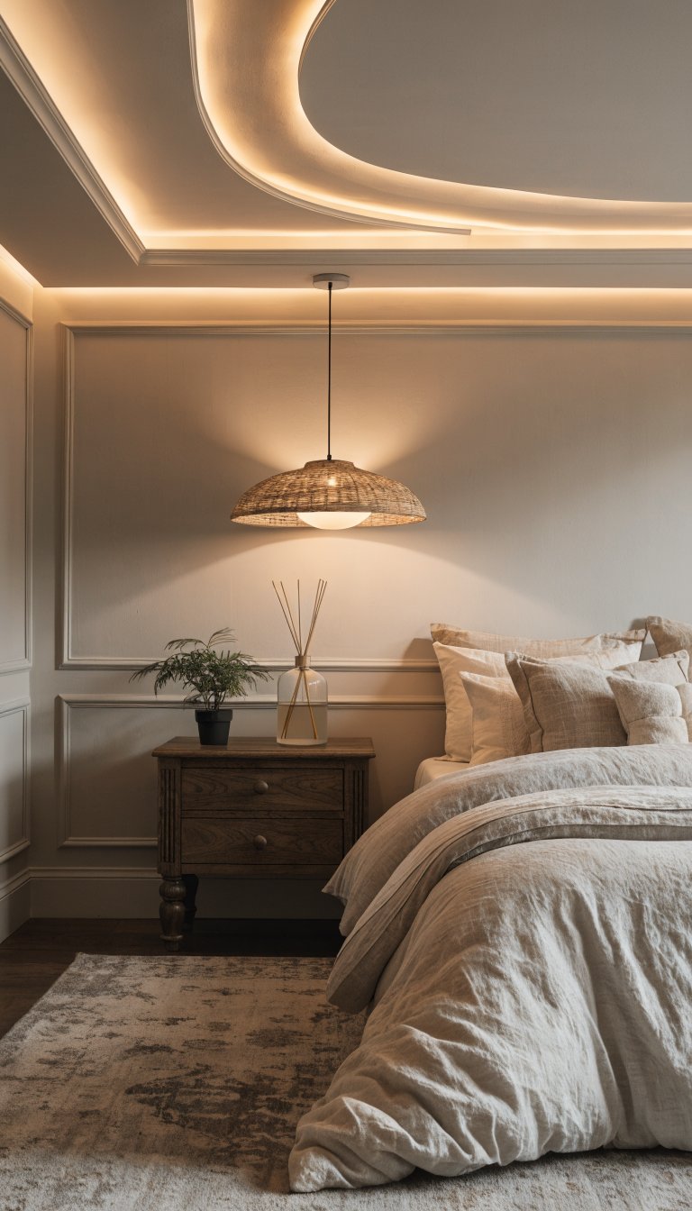 A room-wide shot highlighting a low ceiling transformed by strategic reflections: two tall mirrors placed opposite a bed to bounce light from a recessed ceiling nook and a hidden cove light. The bed is dressed in warm ivory and taupe textiles; a semi-flush fixture with a gentle halo sits above a nightstand scene. Include a soft diffuser in a glass bottle and a small indoor plant to introduce texture. Scene captured with a wide lens at eye level, slightly angled to emphasize vertical space.