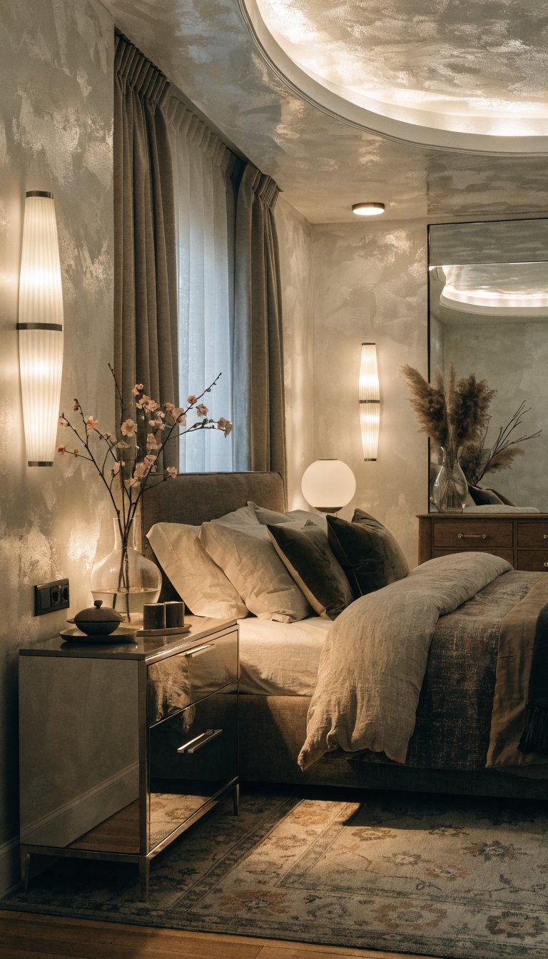 Layered lighting with smart placement: a bedroom scene where recessed ceiling light rings softly illuminate the perimeter, a small flush mount at bed height, and a pair of vertical wall sconces to frame the bed. The room uses light-reflecting surfaces—pale plaster, a glossy nightstand, and a mirror—to create depth. Camera angle from a corner, showing the interplay of direct and reflected light, with a diffused glow from a bedside diffuser subtly visible.
