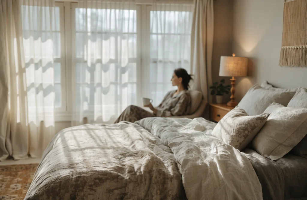 15 Affordable Ways to Make Your Bedroom Feel More Relaxing: Update Your Bedspread with Fresh Neutral Tones and Soft Patterns, Repaint Walls with Calming Colors Like Soft Blue, Sage, Beige, or Earthy Neutrals, Declutter Surfaces So the Room Feels Instantly Calmer, Add a Thrifted Lamp or Bedside Sconce to Create a Gentle Glow, Switch to Warm Light Bulbs or a Dimmer for Softer Evening Lighting, Bring in a Small Plant or Two for a Fresher, More Restful Feel, Keep the Nightstand Simple with Only a Book, Lamp, and One Small Decor Piece, Use Flameless Candles for a Quiet Spa-Like Mood, Use Sheer Curtains to Soften Natural Light While Maintaining Privacy, Incorporate a Woven Wall Hanging to Add Texture and Warmth Without Overwhelming the Room, Swap Out Busy Sheets for a Cleaner, More Minimal Look, Add a Plush Rug If the Floor Feels Cold or Bare, Create a Small Reading Corner with a Cozy, Plush Chair, Use Woven Storage Baskets to Hide Visual Clutter, Add One Personal Touch, Like Framed Art or a Favorite Photo, So the Room Feels Soothing Instead of Sterile (Best Budget Priorities: If You Want the Biggest Impact for the Least Money, Start with Lighting, Bedding, and Decluttering. Those Three Changes Alone Can Make a Bedroom Feel Noticeably Calmer Without a Full Makeover)