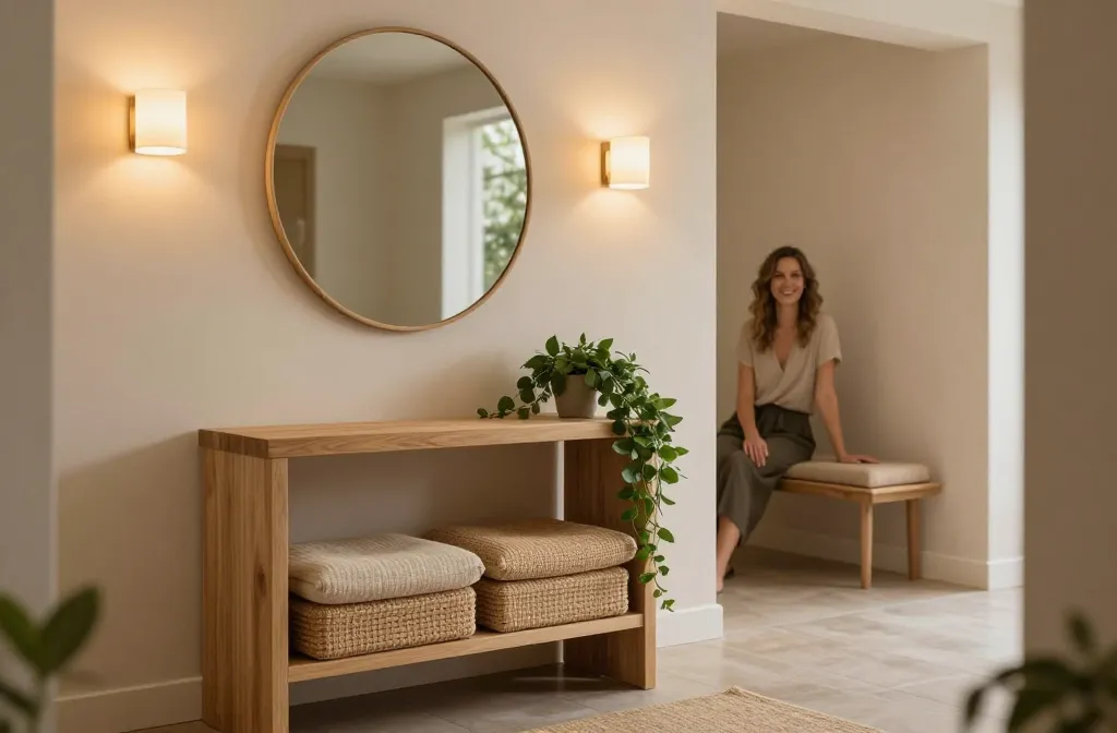 15 Cozy Entryway Setups That Create Peaceful Transitions From Work to Home Starting with Soft Lighting + Warm Wood Console Setup, Minimalist Drop Zone with Hidden Storage, Bench Seating with Layered Textiles, Nature-Inspired Entryway with Plants and Stone Accents, Basket Organization System for Everyday Essentials, Calm Neutral Palette with Textured Decor, Mirror + Catch-All Tray for Quick Reset Moments, Scent-Focused Entryway with Candles or Diffusers, Cottagecore Entryway with Vintage Touches, Modern Entryway with Soft Curves and Clean Lines, Family-Friendly Entryway with Personalized Hooks, Seasonal Refresh Entryway (Rotating Decor Setup), Small Space Floating Shelf Entryway, Luxe Entryway with Statement Lighting and Decor, Zen-Inspired Entryway with Minimal Decor and Natural Elements