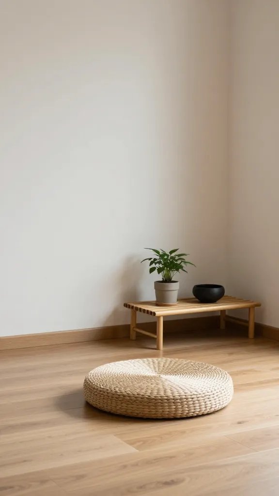 A sunlit minimalist meditation corner with a low wooden floor mat, a single woven floor cushion, and a small, unadorned bamboo shelf holding one potted plant and a single black ceramic bowl, neutral tones, soft natural light, no clutter or people.