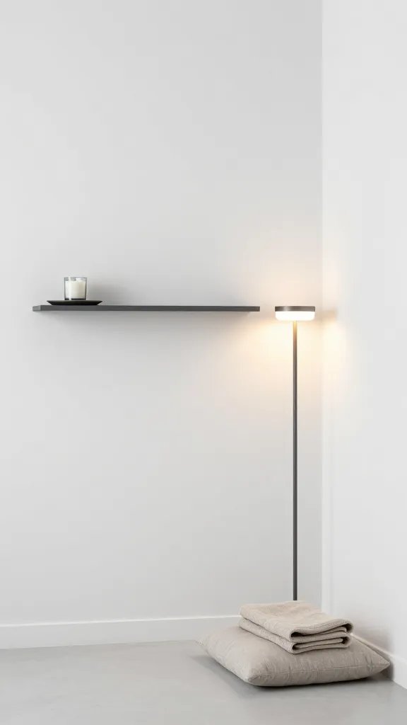A calm meditation nook featuring a clean white wall, a slim charcoal-gray wall-mounted shelf with a single scented candle and a tiny tray, a sleek floor lamp with warm light, and a simple fur or knit throw folded neatly at the edge of a floor cushion, empty of excess items.