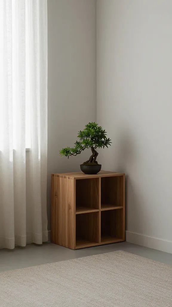 A spacious, clutter-free corner with a slim modular storage unit in muted wood, a single bonsai plant, a closed window with light linen curtains, and an unobtrusive rug in a soft, earthy hue, no objects aside from the essentials.