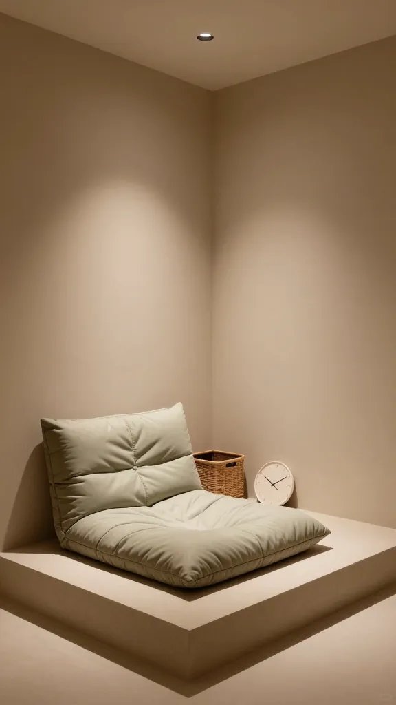 An intimate meditation space showing a low-profile platform bed-style base, a single oversized meditation cushion in sage, a small hidden storage basket, a minimal clock with quiet hands, and soft ambient lighting from a recessed fixture, walls in warm beige.