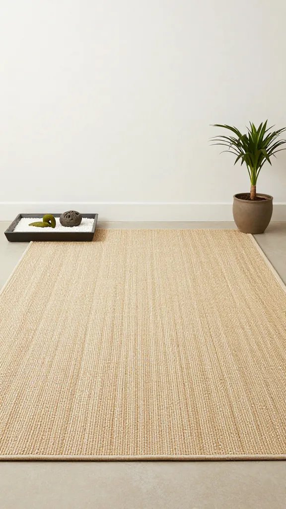 A serene floor-level scene featuring a natural fiber rug, a compact Zen garden on a shallow tray, a single small sculpture, and a single plant in a matte ceramic pot, with ample negative space and filtered daylight.