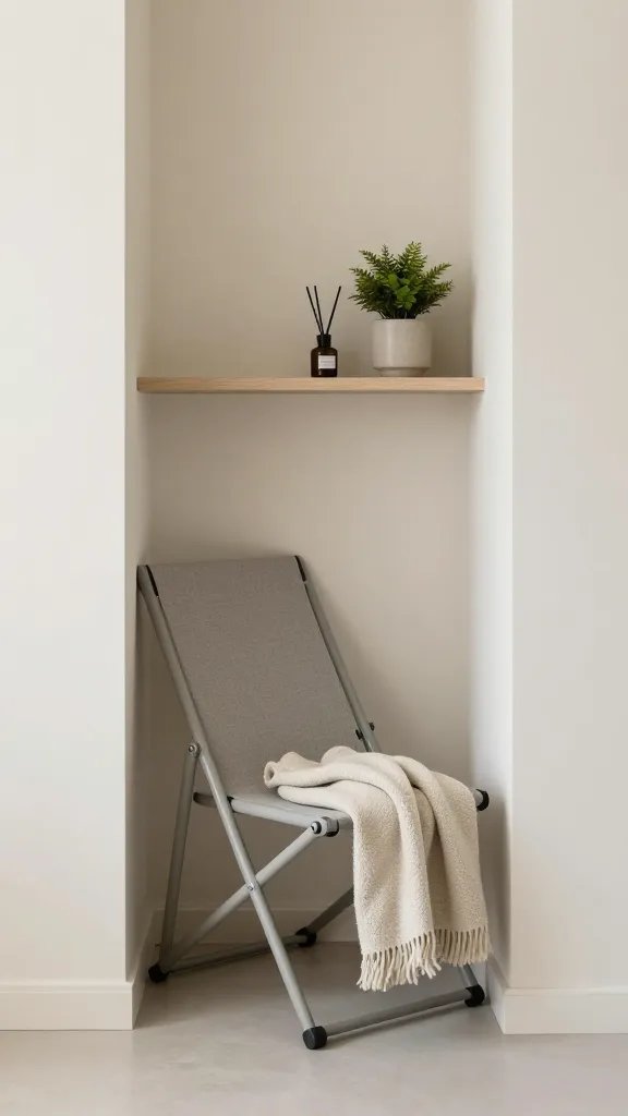 A corner retreat in a tiny space: a foldable meditation chair tucked beside a narrow built-in shelf, one diffuser bottle, one minimal plant, and a soft textile throw draped neatly, all in a restrained palette of creams, taupes, and soft grays.