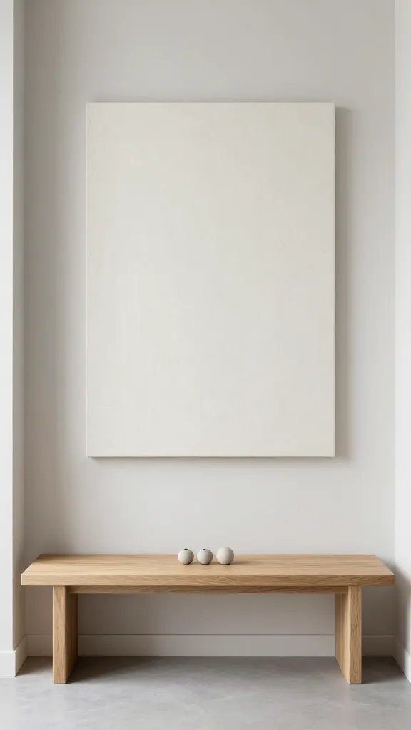 A modernist corner setup with a lean, long mirror on one wall, a narrow bench made of light oak, a small trio of neutral-toned diffusers, and a single canvas wall behind kept empty, no artworks or distractions.