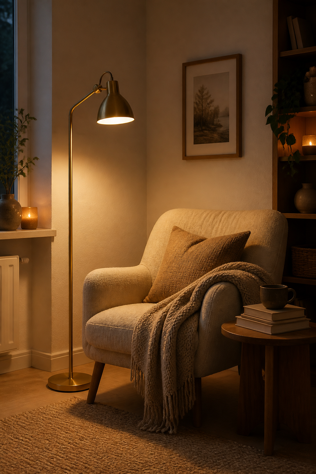 A cozy Scandinavian living room corner with a modern brass floor lamp next to a plush reading chair, warm amber light glowing from the lamp shade, soft knitted throw blanket draped over the chair arm, small stack of books on a wooden side table, warm evening ambiance with soft shadows