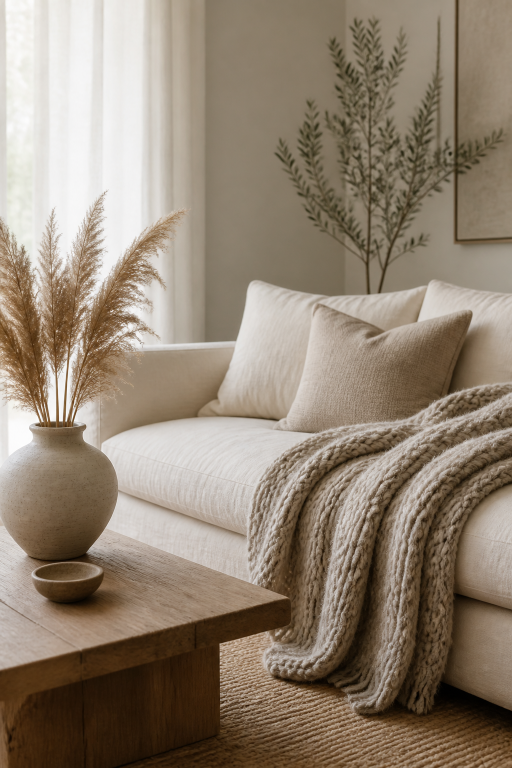 A serene living room corner with a low-profile cream linen sofa, chunky knit cashmere throw blanket in oatmeal, and a simple ceramic vase with dried pampas grass on a natural wood coffee table, soft diffused natural light from sheer curtains, neutral color palette