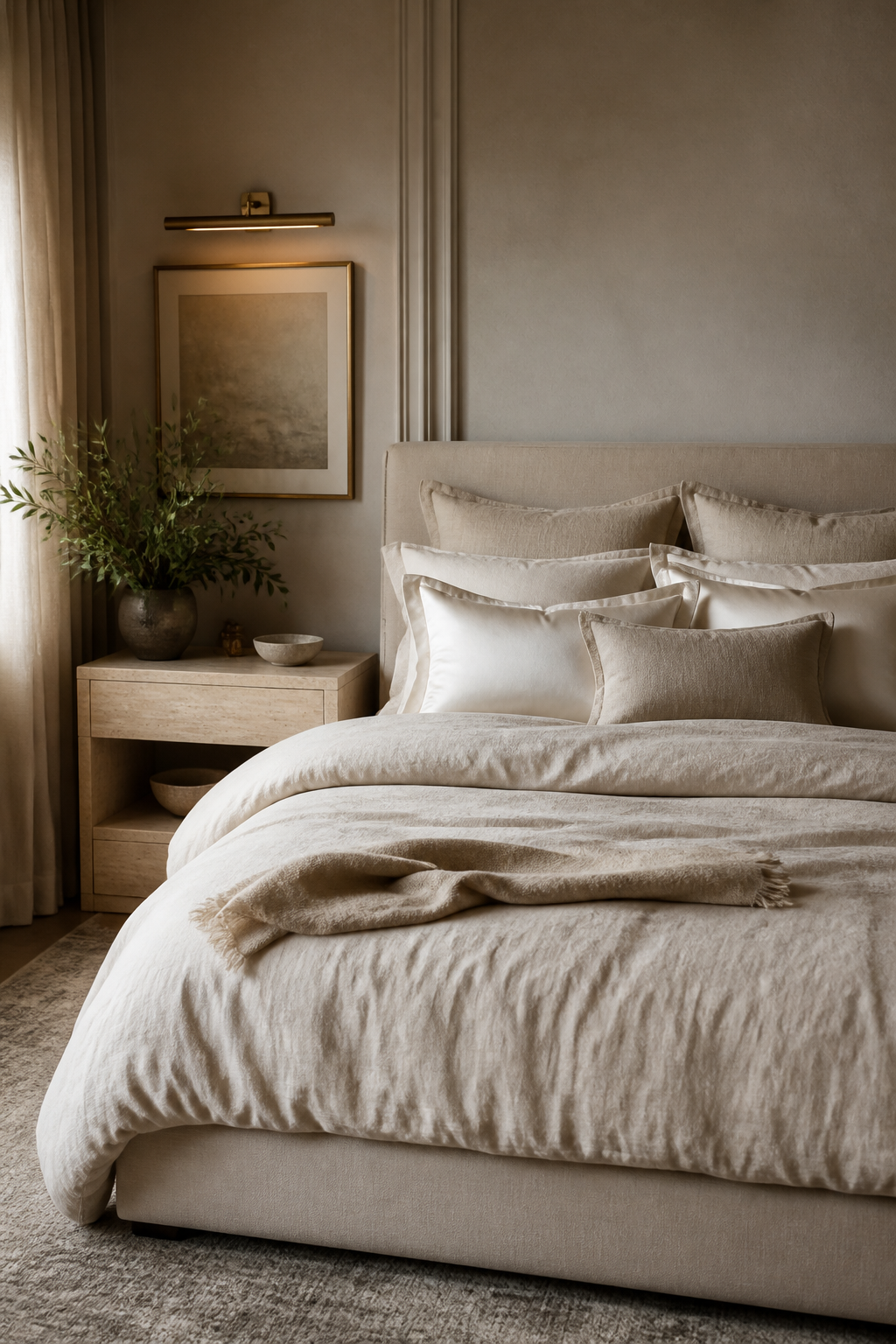 A sophisticated bedroom featuring layers of luxury bedding in ivory and beige tones, Belgian linen duvet, silk pillows, subtle texture variation, paired with a sleek travertine nightstand and brass picture light, calm and understated atmosphere
