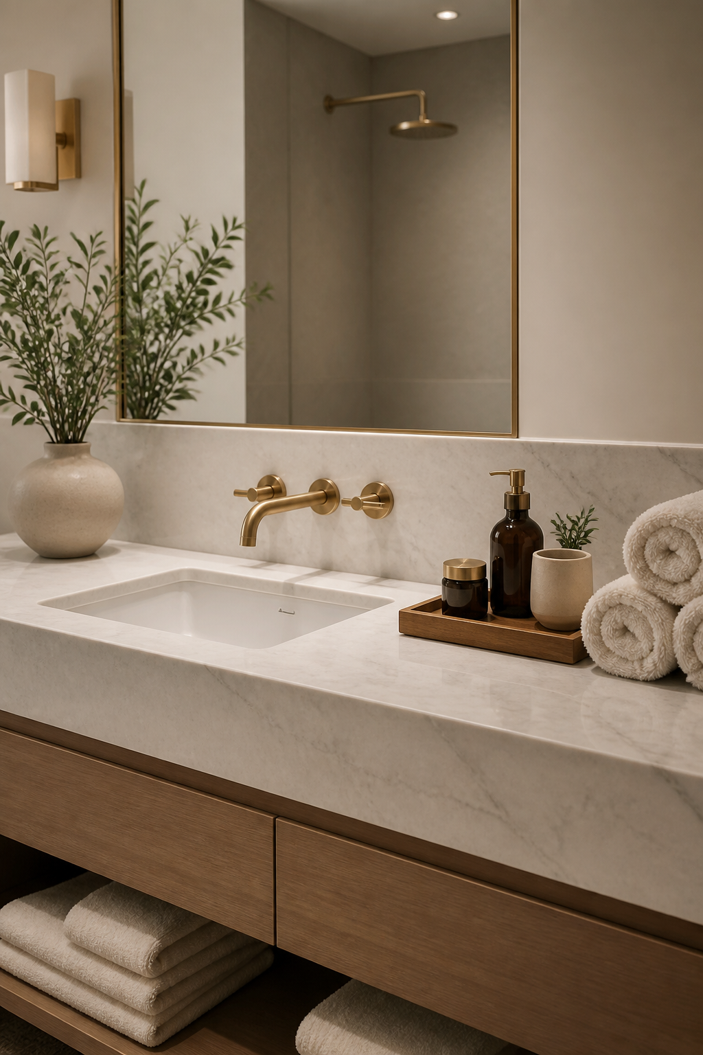 A refined bathroom vanity area showcasing honed marble countertops, brushed brass fixtures with minimal design, fluffy rolled towels in cream, a simple wooden tray with high-end apothecary-style containers, all photographed with soft, even lighting