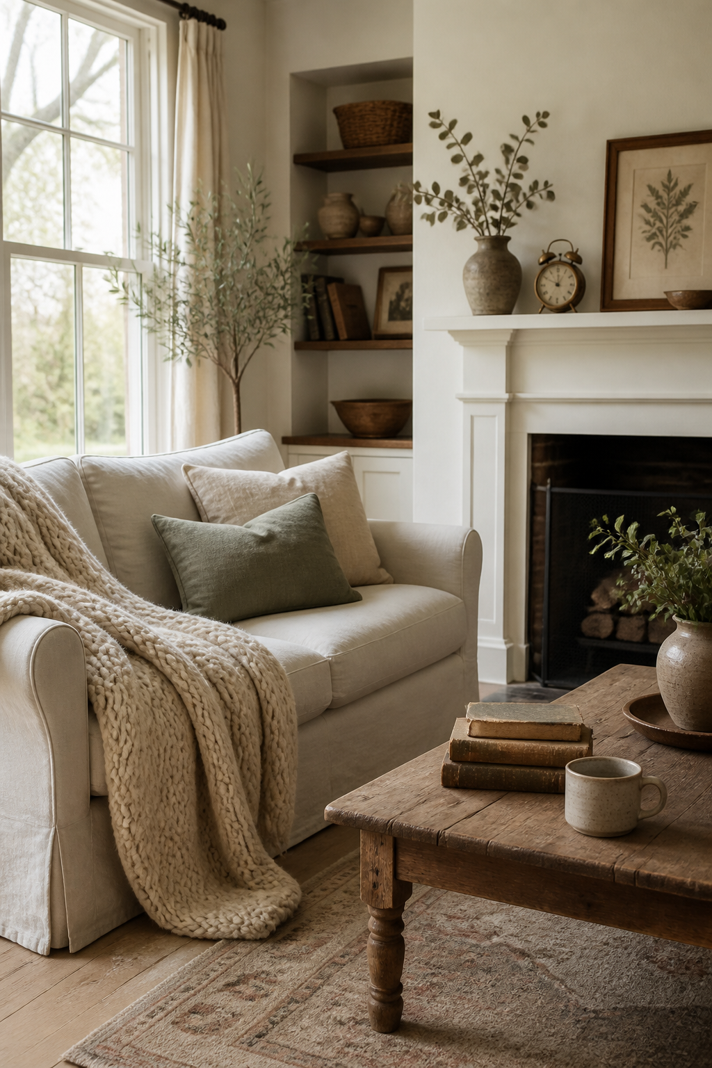 A warm and inviting modern farmhouse living room. Soft, diffused natural light streams through a large window, illuminating a comfortable linen sofa adorned with a chunky knit throw blanket in a muted cream tone. A simple, well-worn wooden coffee table holds a stack of antique-looking books and a handcrafted ceramic mug. On a nearby mantelpiece, a curated collection of objects includes a small pottery vase with dried eucalyptus branches, a vintage brass alarm clock, and a framed botanical print, all contributing to a collected-over-time aesthetic. The flooring is light-colored wood with a subtle, textured area rug.