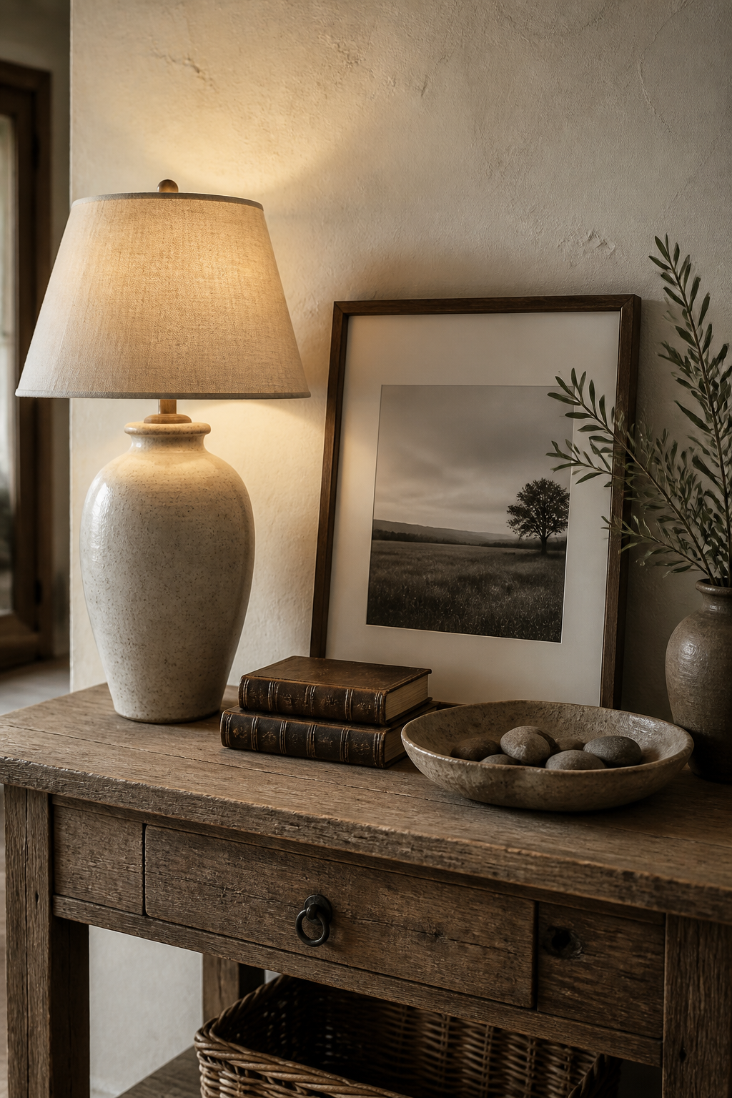 A charming vignette on a weathered wooden console table in a modern farmhouse entryway. A tall, elegant ceramic lamp with a linen shade emits a soft, amber glow. Below it, a small stack of leather-bound books and a smooth, organic-shaped pottery dish containing a few polished river stones. A simple, framed black and white landscape photograph leans against the wall, which has a subtle, textured plaster finish in a warm off-white. The scene evokes a sense of timelessness and curated simplicity.