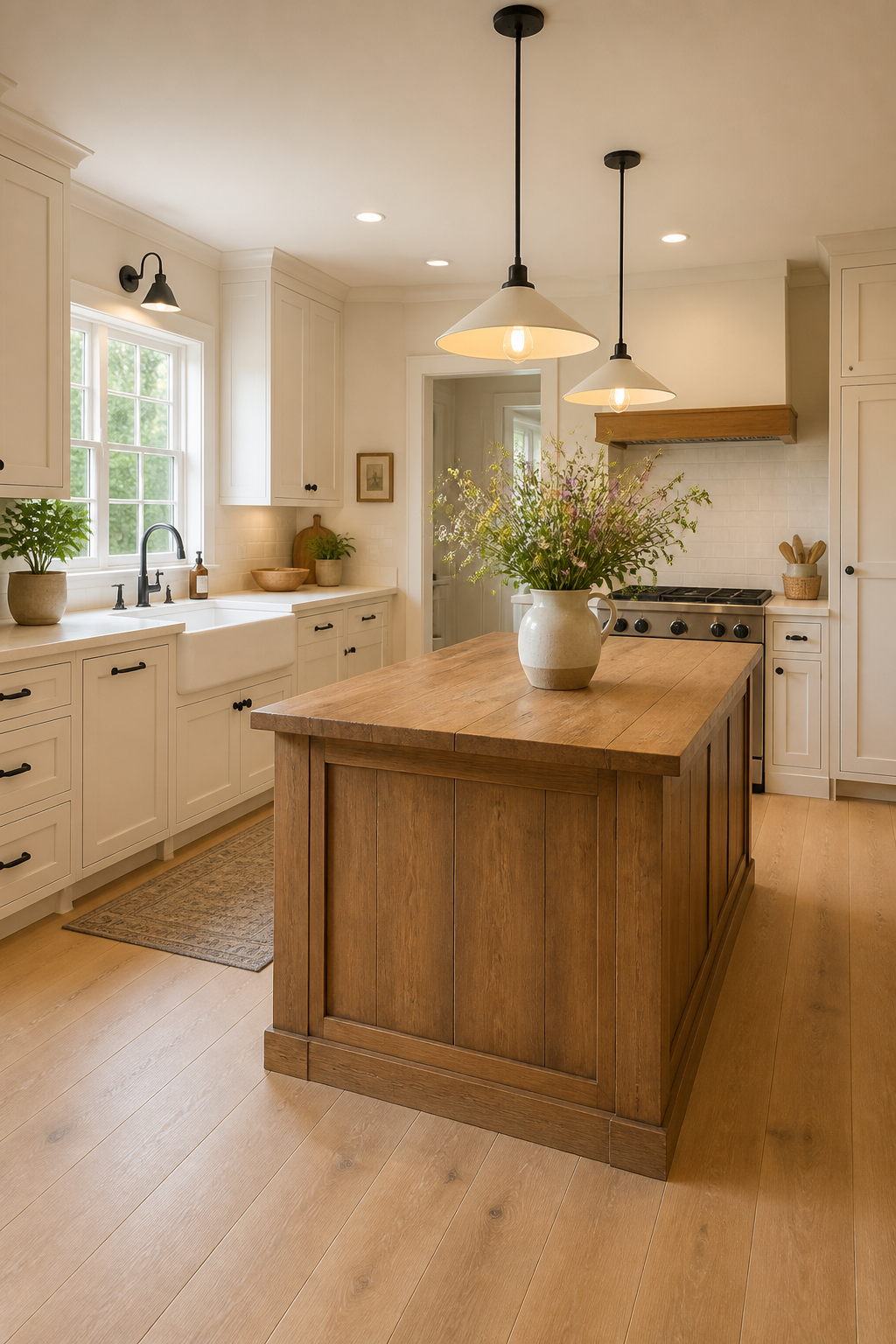 A wide shot of a spacious modern farmhouse kitchen, emphasizing its welcoming atmosphere. Creamy white, shaker-style cabinetry lines the walls with simple, understated hardware. A large, deep farmhouse sink is positioned under a window, offering a glimpse of lush green foliage outside. In the center, a substantial wooden island (without seating) features a large ceramic pitcher filled with fresh, simple wildflowers. Overhead, minimalist pendant lights cast a gentle glow. The flooring consists of wide plank light oak, contributing to the overall bright, clean, yet profoundly warm and functional feel.