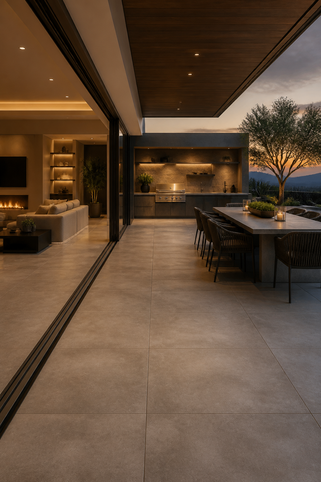 A luxurious modern outdoor kitchen and dining area, seamlessly connected to an indoor living space through wide-open, vanishing glass sliding doors. Identical large-format concrete-look tiles extend from the interior to the exterior patio, blurring the lines between spaces. The scene is bathed in warm, inviting evening light, creating an expansive and resort-like atmosphere with architectural, minimalist design. No people, no text.