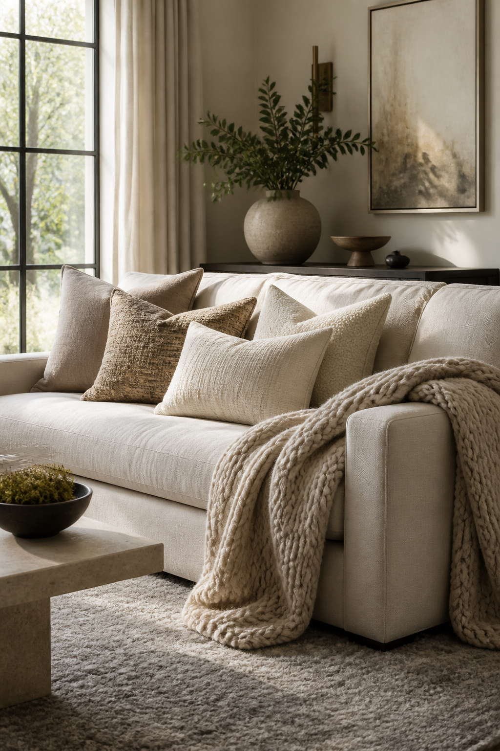 A luxurious living room corner featuring a cream linen sofa with layered taupe and ivory textured throw pillows, a chunky knit beige blanket draped casually over the arm, and a soft gray wool area rug underneath, shot in natural window light with subtle shadows