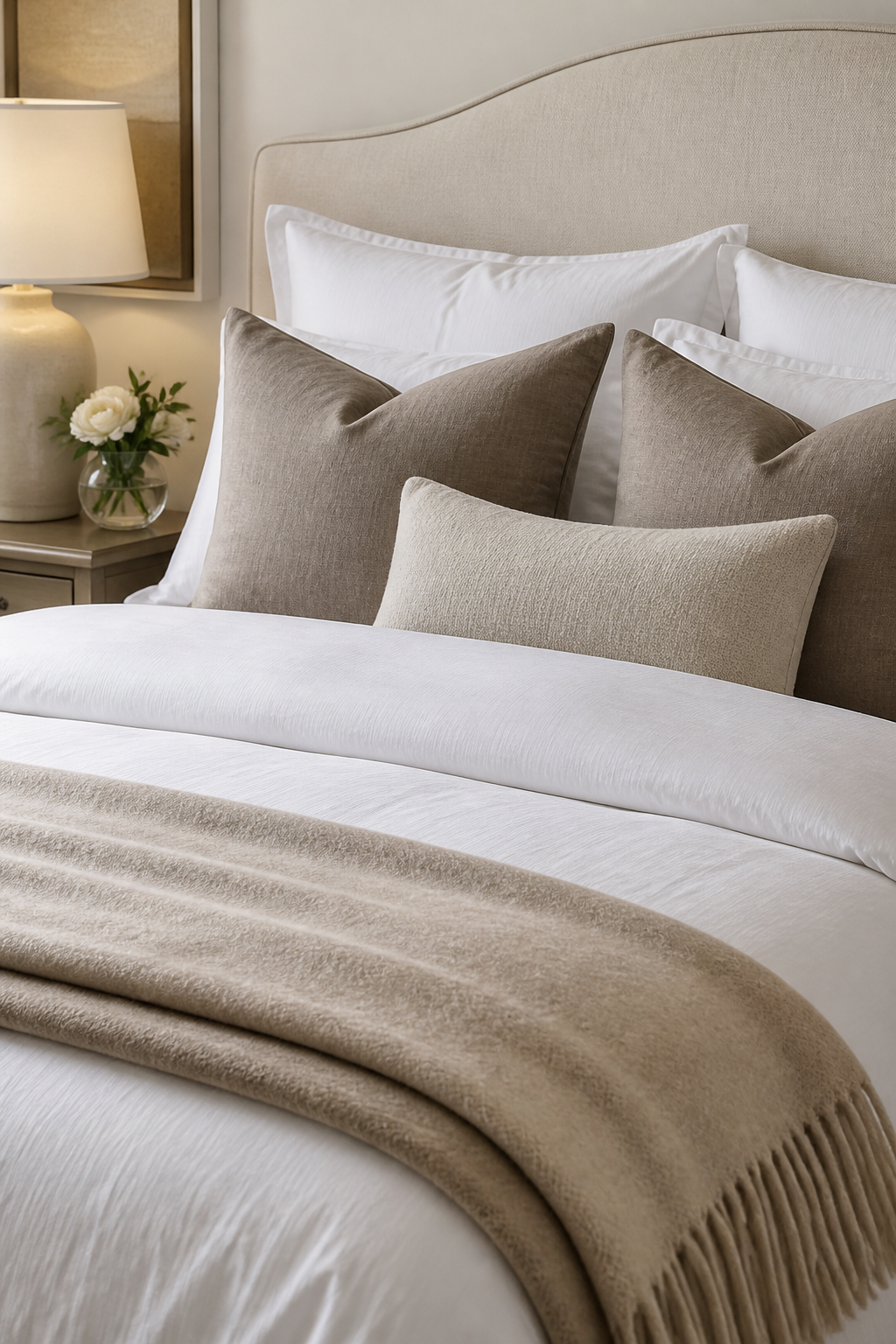 A sophisticated bedroom detail showing crisp white hotel-quality bedding with subtle texture variations, layered with warm taupe linen euro shams and a soft beige cashmere throw folded at the foot of the bed, against a cream upholstered headboard