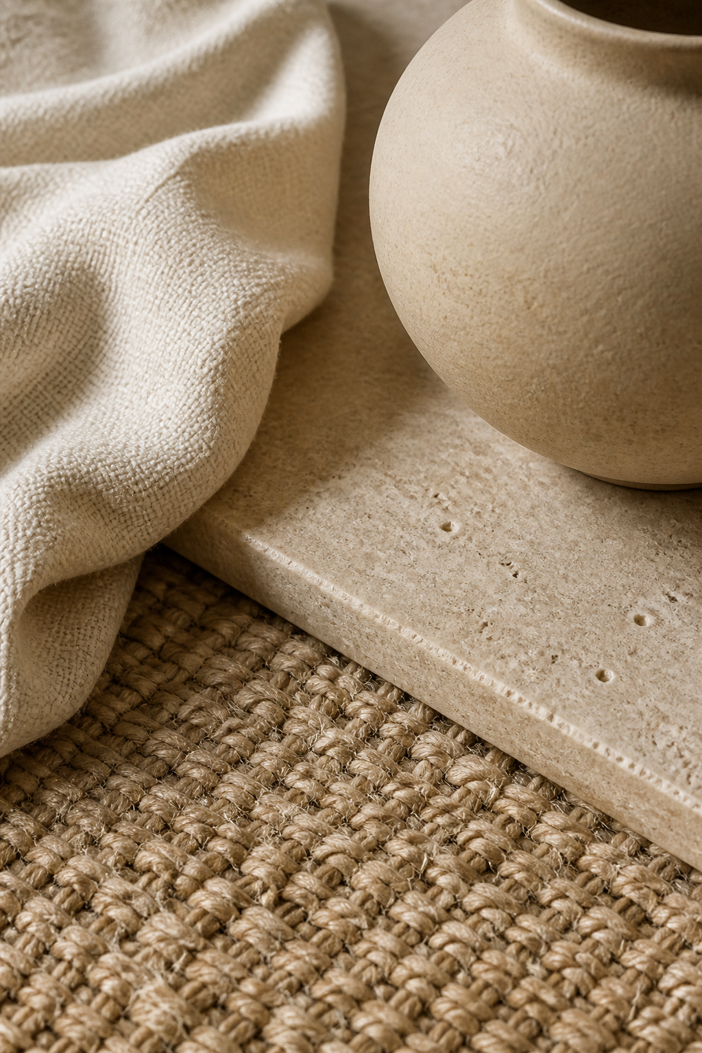 A close-up of layered neutral textures including a chunky jute rug, smooth travertine stone tile, nubby cream linen fabric, and a matte ceramic vessel in warm sand tones, arranged to show depth and tactile variety in monochromatic palette