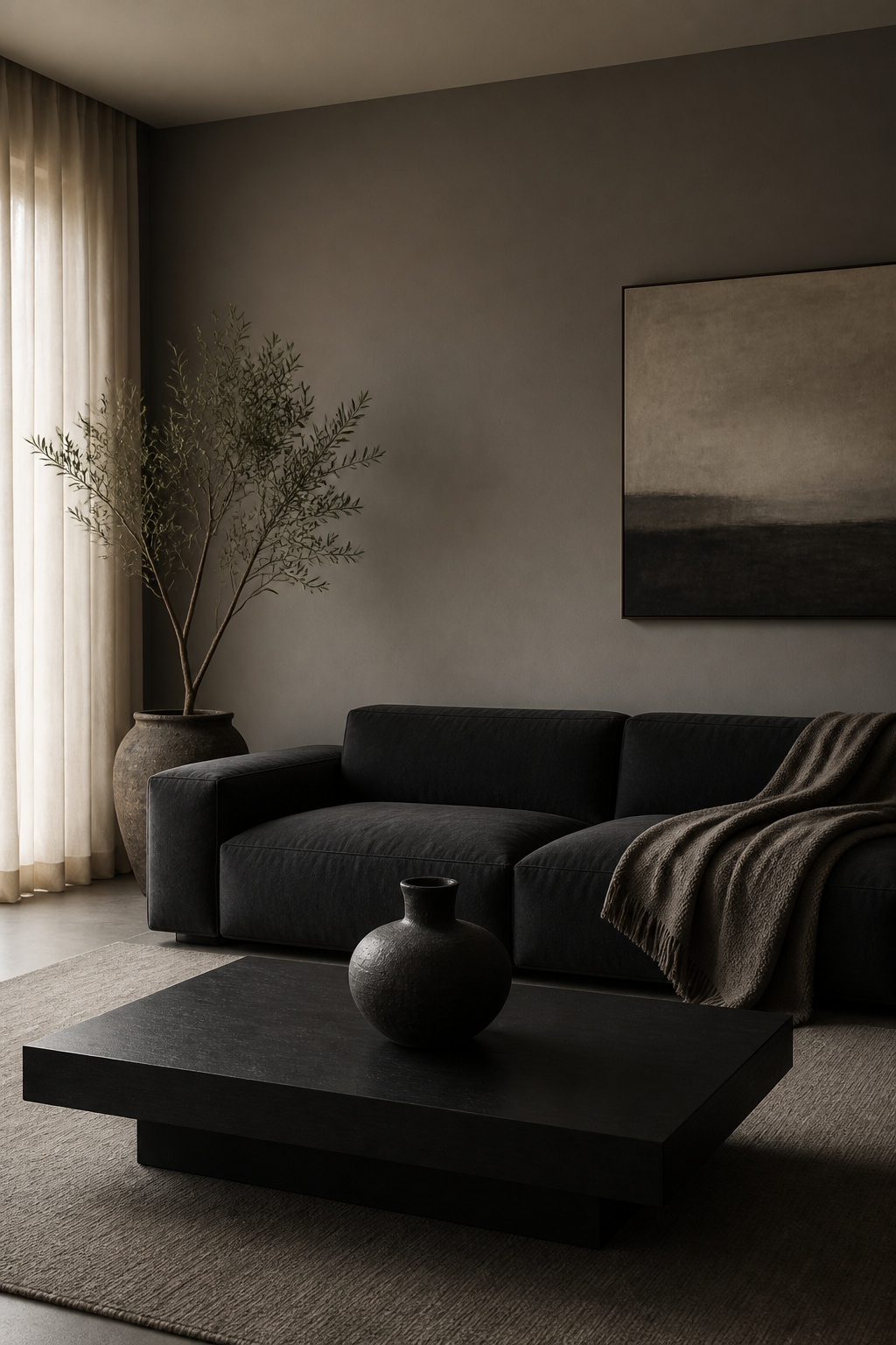 A minimalist living room bathed in soft, diffused light, featuring a low-slung, deep charcoal sofa with a subtle textured throw in smoky taupe. A matte black coffee table holds a single, sculptural dark ceramic vase. The walls are painted in a sophisticated warm gray, creating a sense of calm and depth. No people, no text.