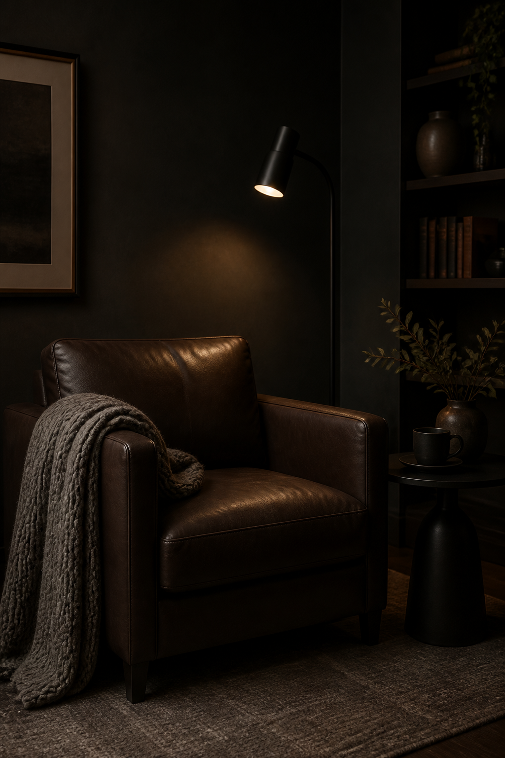 A cozy reading nook featuring a plush, minimalist armchair in a deep espresso leather. A soft, chunky knit throw in a warm gray is draped over its arm. A slim, matte black floor lamp provides focused, ambient light over a small, round side table also in matte black. The surrounding walls are a rich, dark neutral, creating an inviting yet mysterious atmosphere. No people, no text.