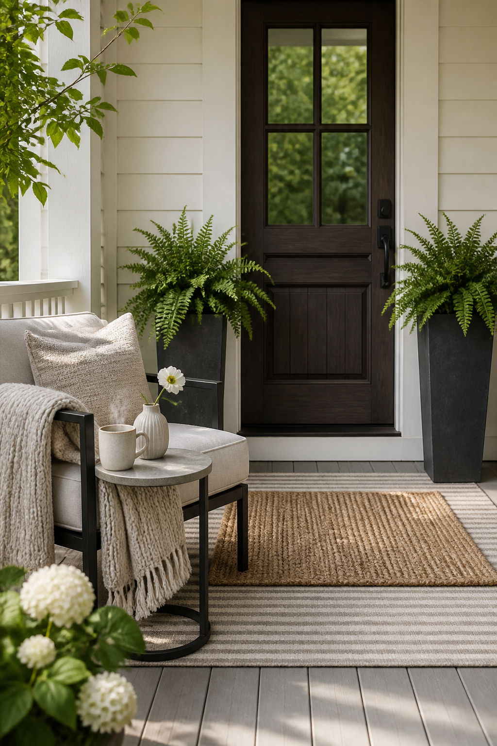 A small, elegant front porch featuring a cozy reading nook. A comfortable outdoor armchair with plush, neutral-toned cushions and a soft knit throw blanket draped over it. A small round side table holds a steaming mug and a subtly textured ceramic vase with a single delicate white flower. Flanking the front door, two tall, slender planters in a dark charcoal finish hold lush, vibrant green ferns. The layered doormat consists of a large, subtle striped outdoor rug underneath a smaller, thick natural fiber mat. Soft, natural daylight illuminates the scene, highlighting textures and creating an inviting atmosphere.