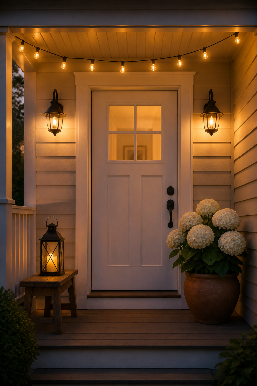 A charming small front porch at dusk, showcasing warm and inviting lighting. Two classic black wall sconces flank a pristine white front door, casting a soft, golden glow. A string of warm Edison-bulb fairy lights is strung subtly along the porch ceiling, adding a magical ambiance. On a small, rustic wooden bench, a decorative lantern with an LED flickering candle emits a gentle light. A single large terracotta pot with a white blooming hydrangeas sits nearby, softly illuminated by the porch lights.
