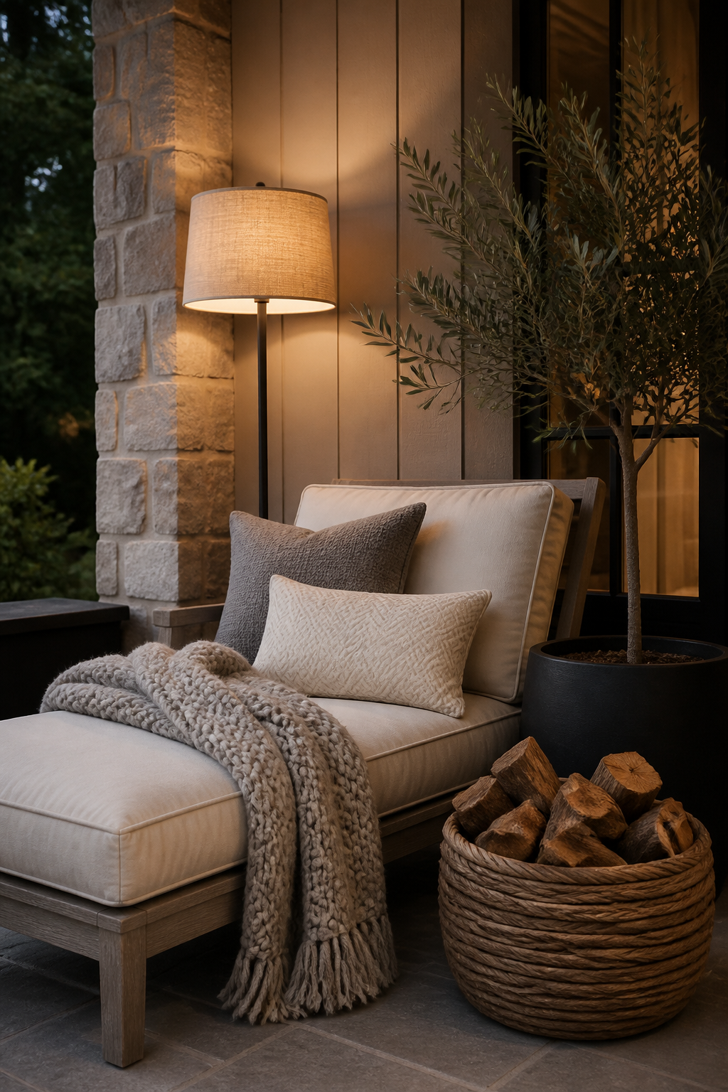 A cozy and inviting small front porch corner, focusing on luxurious textures and comfort. A plush outdoor chaise lounge with thick, cream-colored cushions is adorned with a soft, chunky knit throw blanket and two decorative pillows in varying shades of grey and off-white. A large, oversized woven basket filled with firewood sits beside it, adding a rustic yet refined touch. A tall, slender floor lamp with a natural linen shade provides soft ambient light. A potted olive tree in a matte black planter adds a touch of natural elegance. The overall impression is one of serene comfort and expensive taste.