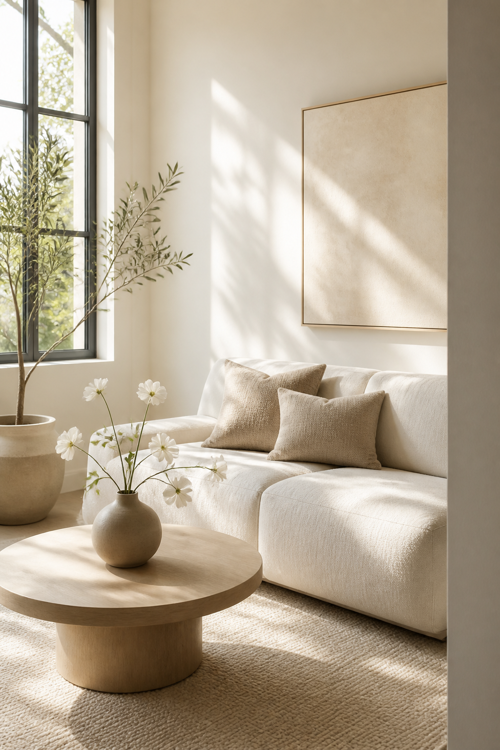 **Small, luxurious living room corner.** Walls painted in a soft, matte off-white. A plush, low-profile sofa in a light cream fabric, adorned with two subtle textured throw pillows in a slightly darker, warm neutral. A minimalist, round coffee table made of light wood with a single, elegant ceramic vase holding a few delicate white flowers. Abundant natural light streams in from a large window, creating soft shadows and highlighting the airy feel of the room. The overall impression is sophisticated and spacious despite the compact area.