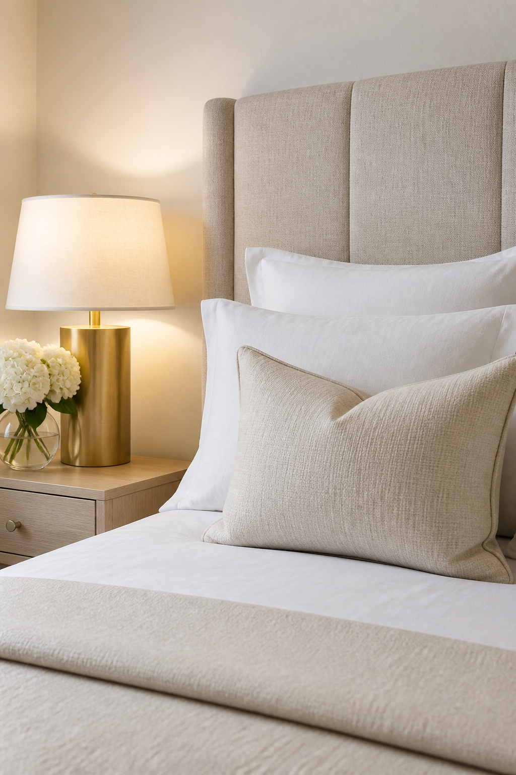 **Luxurious bedroom detail in a luminous palette.** A close-up of a neatly made bed in a small bedroom. The headboard is upholstered in a textured linen fabric in a pale beige. Crisp, high-thread-count white bedding is perfectly layered. On a small, light-colored wooden bedside table, a modern table lamp with a brushed brass base and a simple white fabric shade casts a soft glow. The wall behind is painted a very light, warm white, allowing the textures and light to create an expensive feel.