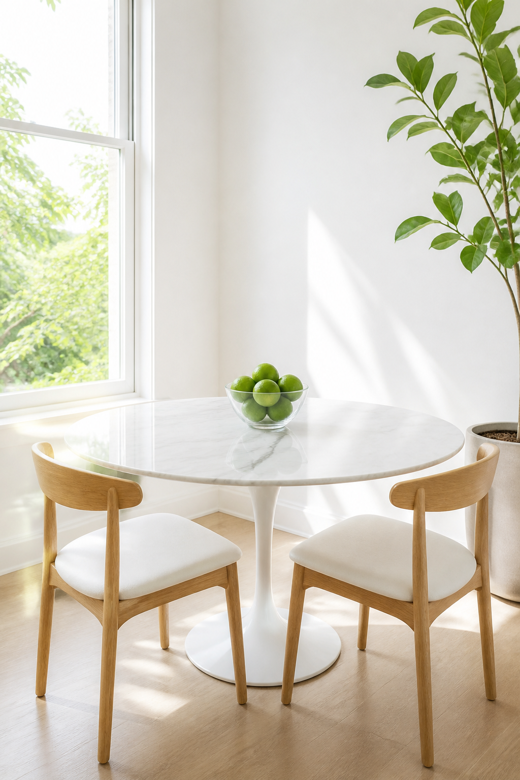 **Bright and open small dining nook.** A compact dining area with a round white marble table that reflects ambient light. Two minimalist dining chairs with light wood frames and white vegan leather seats are tucked neatly under the table. The wall behind is painted a vibrant, clean white. A large, unobstructed window allows maximum natural light to flood the space, making it feel airy and much larger than its actual size. A small, simple glass bowl filled with fresh green limes sits on the table, adding a pop of natural color.