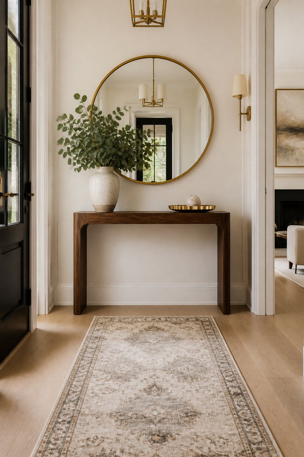 A small luxury entryway with a slim modern console table in warm wood against a white wall, topped with a statement round gold mirror, a ceramic vase with eucalyptus branches, and a small decorative tray, with a plush textured runner rug on light hardwood floors