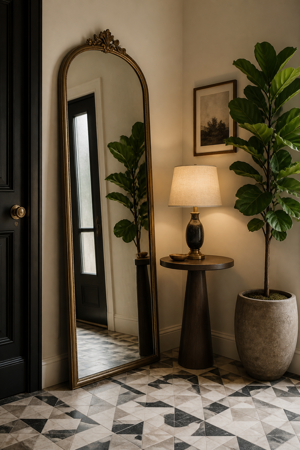A sophisticated compact entryway corner with a tall arched leaning mirror with ornate brass frame, a small pedestal side table holding a table lamp with linen shade, and a potted fiddle leaf fig plant on geometric patterned tile flooring