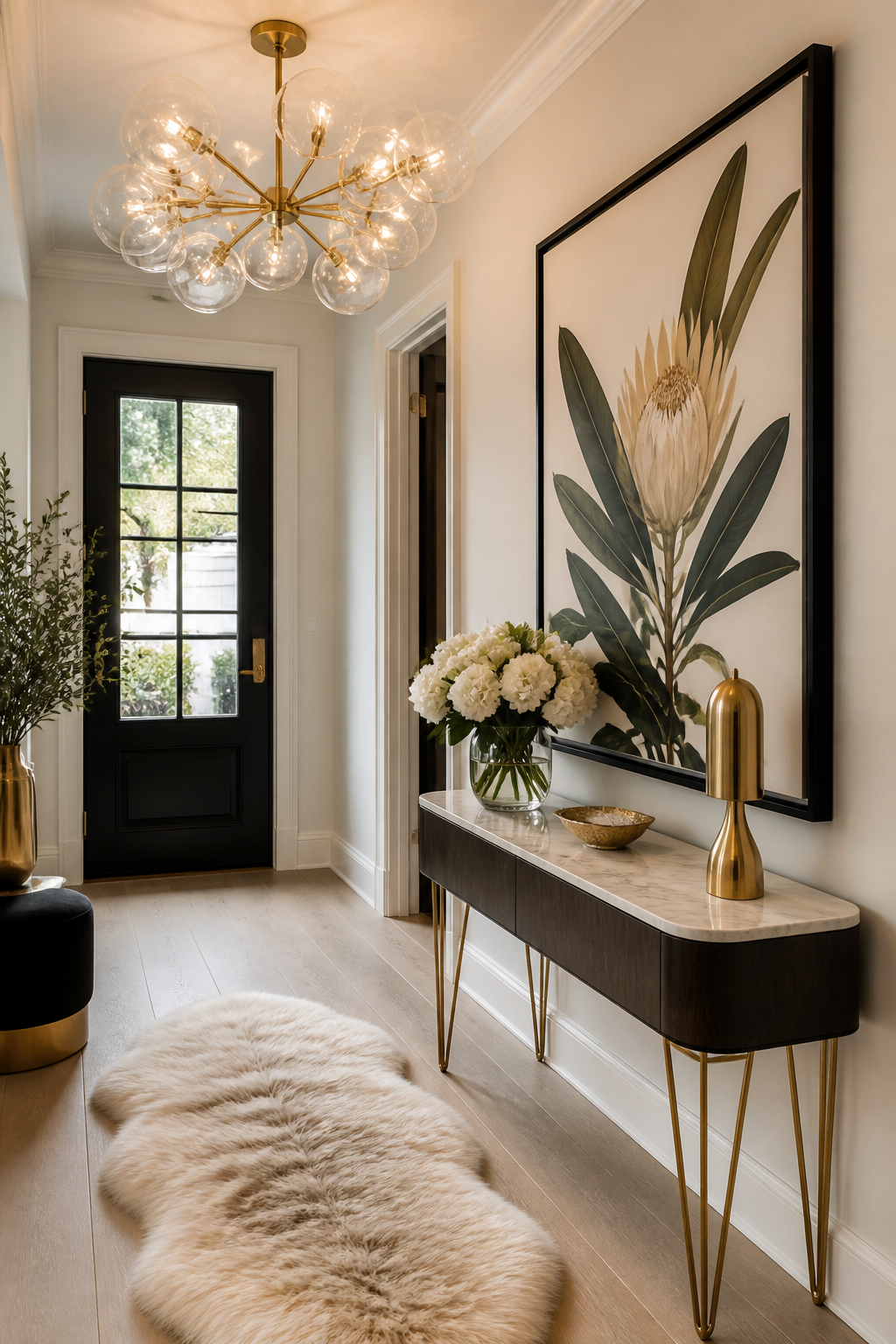 An upscale tiny entryway featuring a statement chandelier with glass globes, a narrow marble-topped credenza with gold hairpin legs, a large botanical print in black frame on the wall, and a luxurious sheepskin rug layered over wide-plank white oak flooring